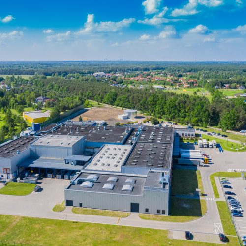 Aerial drone view on distribution center. Logistic and transport concept